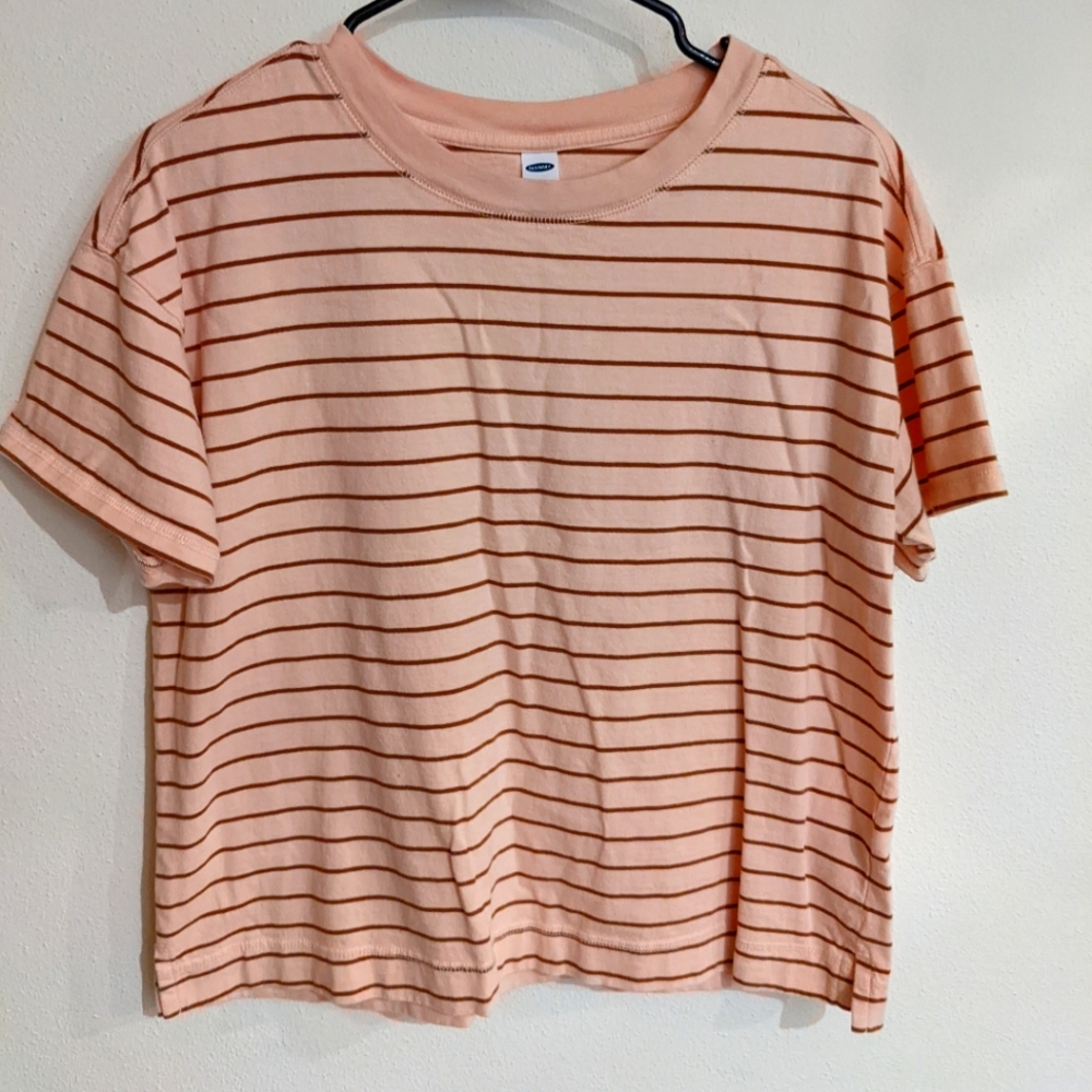 Old Navy Cropped T-shirt in Salmon with Tan Stripes, Medium